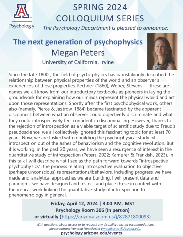 Colloquium Flyer for Megan Peters on Next Gen Psychophysics on April 12th, 2024 